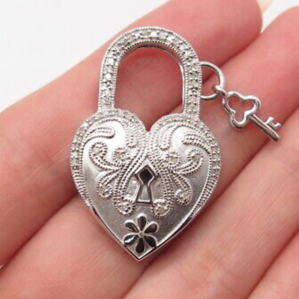 925 Sterling Silver Real Diamond Accent Heart Lock & Key Pendant with chain